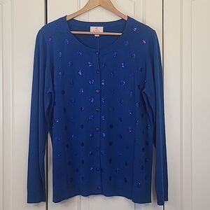 Quacker Factory Royal Blue Sequin Embellished Polka Dot Button Cardigan Size XL